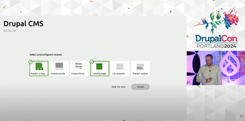 Dries Buytaert at DrupalCon Portland 2024 presenting the Drupal CMS project installer wireframe showing how it combines project setup with Recipes for different common project types and functionalities