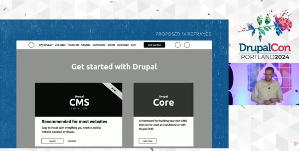 Dries Buytaert at DrupalCon Portland 2024 presenting the proposed wireframe for the new Drupal CMS project launch page showing the Drupal CMS product and traditional Drupal core download