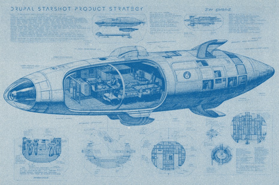 Drupal Starshot Product Strategy cover image showing a space craft construction and schematics