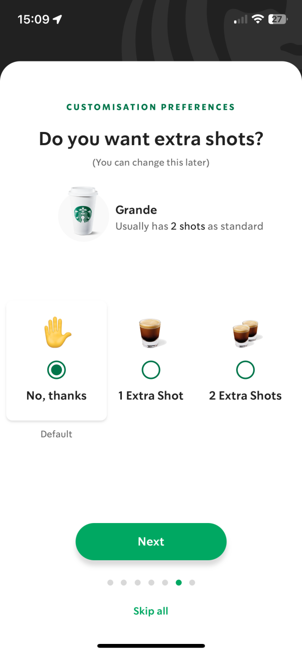 A screenshot of the Starbucks' loyalty app