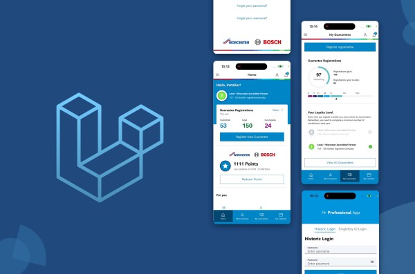 A graphic showing the Laravel Framework logo and screen shots of the new Professional Worcester Bosch app showing boiler registration screens, the app login page and gamified loyalty points scheme for installers