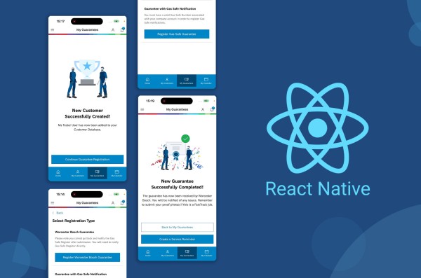 A graphic showing the React Native logo and screen shots of the new Professional Worcester Bosch app showing a new customer creation and a new guarantee registered success screens from the app