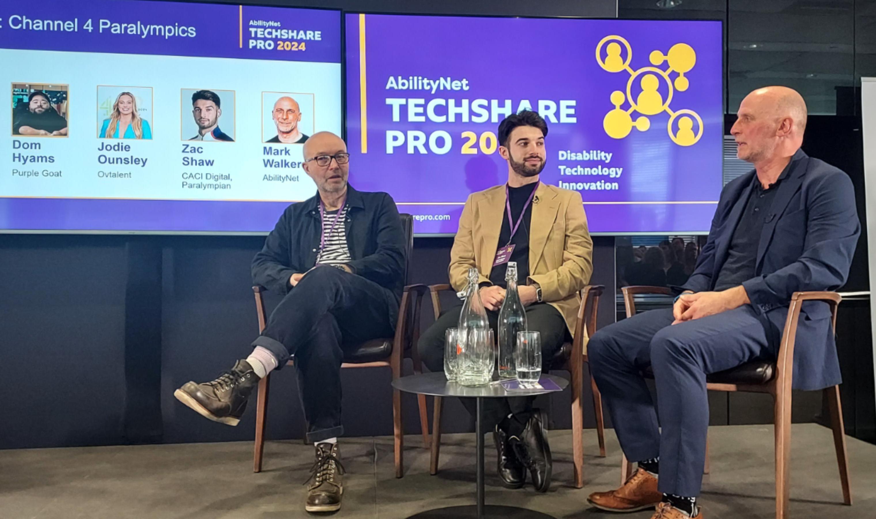 Zac Shaw speaking on the Channel 4 Paralympic Games panel at TechShare Pro with Mark Walker of AbilityNet and James Hamilton, Audience Planner at Channel 4