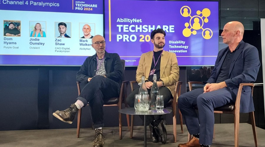 Zac Shaw speaking on the Channel 4 Paralympic Games panel at TechShare Pro with Mark Walker of AbilityNet and James Hamilton, Audience Planner at Channel 4