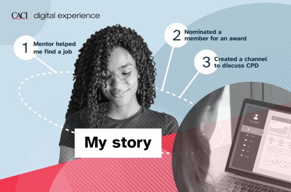 Stylised image of a young member with long curly hair and glasses looking at a potential membership journey, entitled 'My story'. The membership journey covers 1) Mentor helped me find a new job 2) Nominated a member for an award and 3) Created a channel to discuss CPD