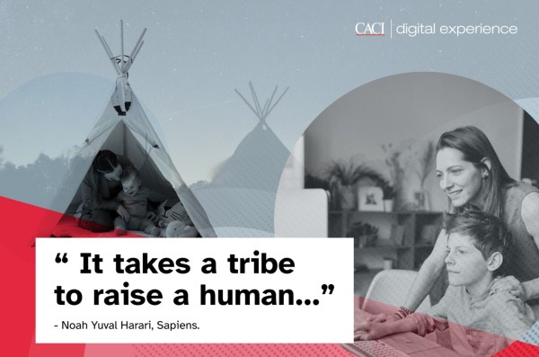 A stylised collage picture of a multiple generations living together in tents featuring the quote 'It takes a tribe to raise a human' by Noah Yuval Harari from his book, Sapiens.