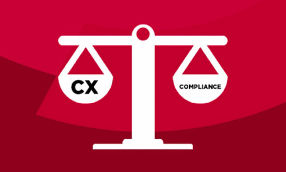 Illustration of a balanced scale with CX on the left side and Compliance on the right