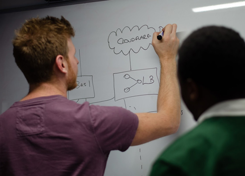 Photo of CTO Gareth drawing a DevOps plan on a white board whilst speaking to a colleague