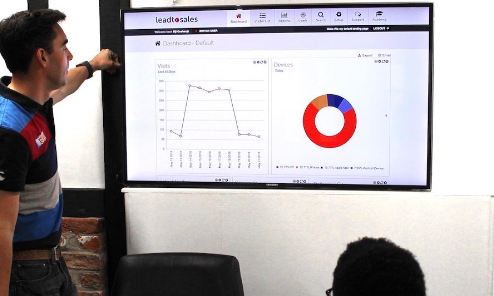 Photo of Sylvain looking at a sales graph on a wall mounted screen