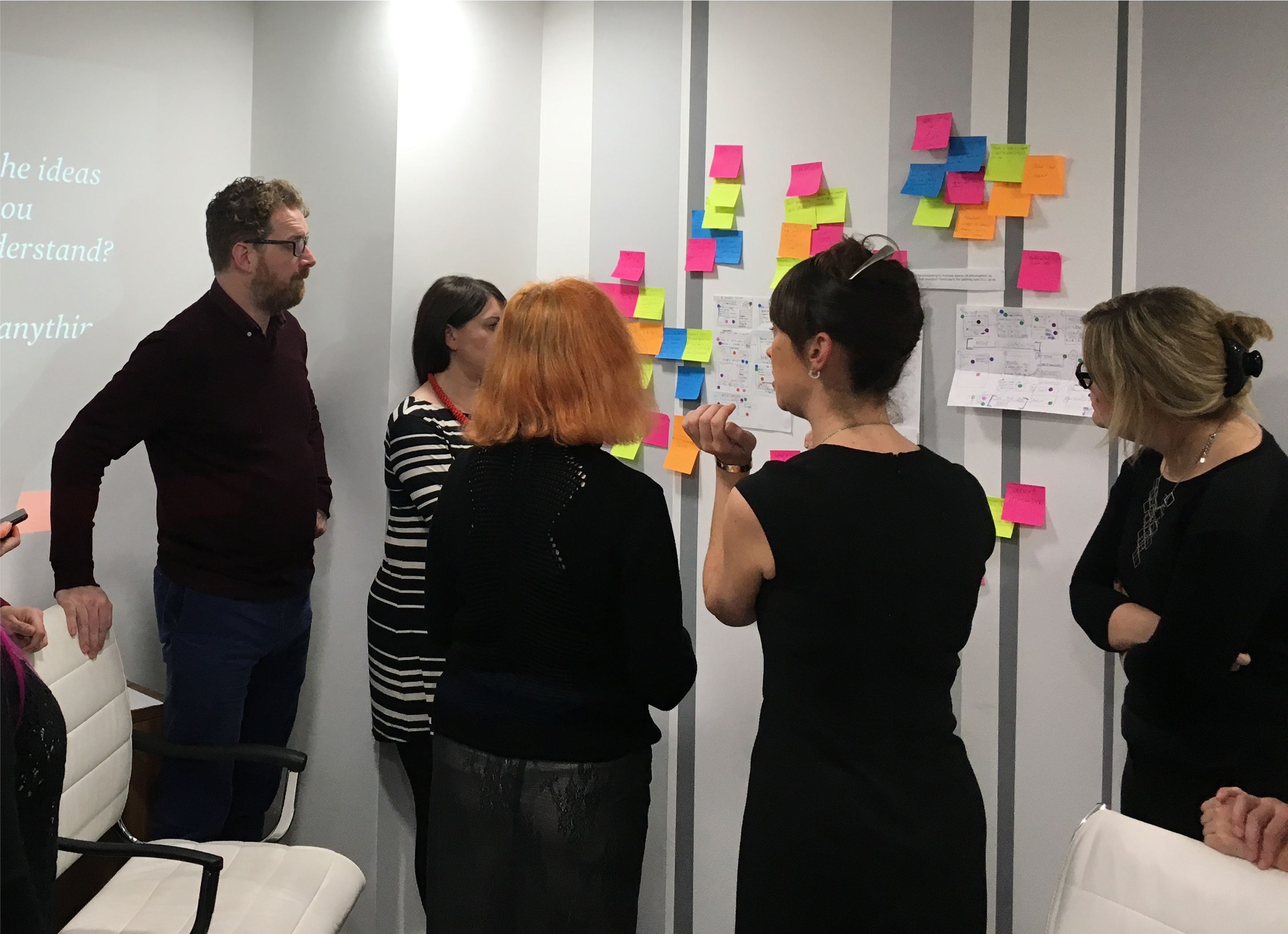 Workshop attendees standing in front of colourful post it notes stuck to a wall discussing them